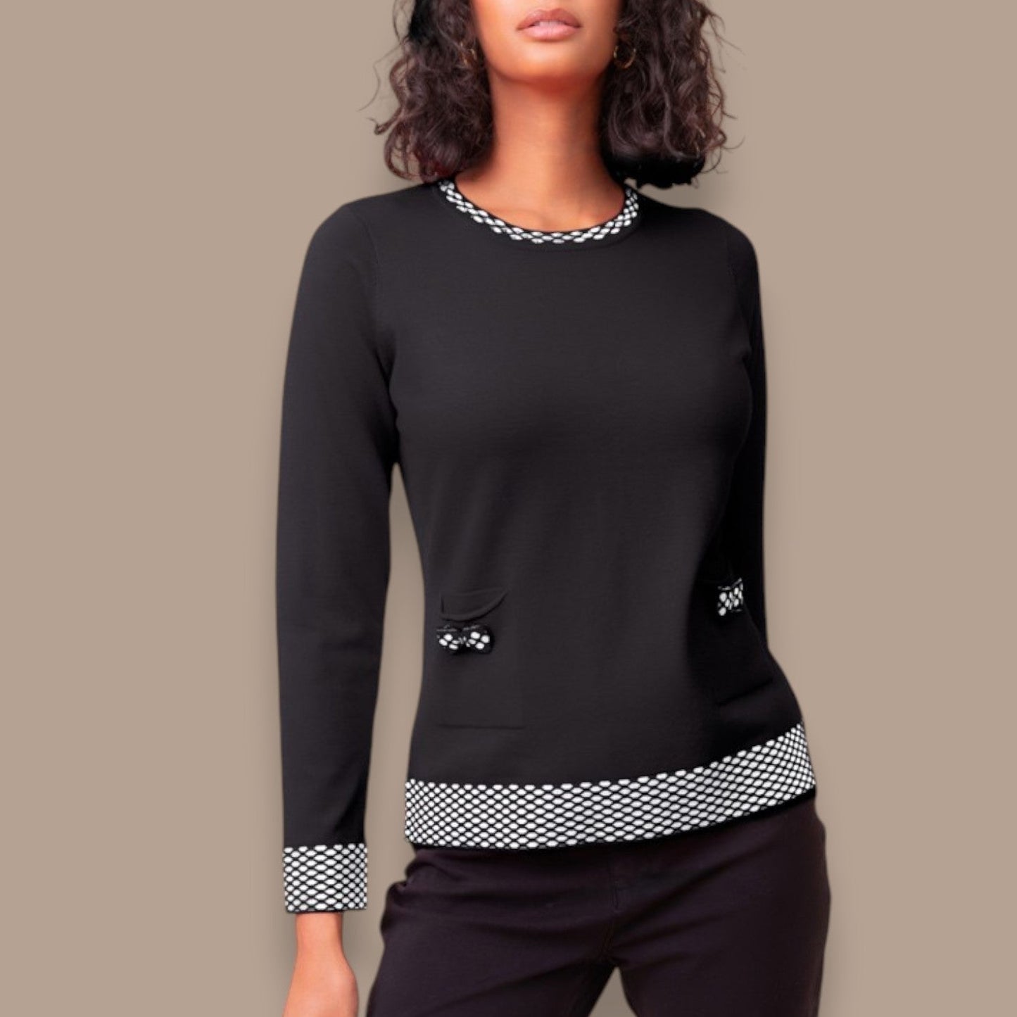 Alison Sheri - Contrast Trim Top With Bow Pocket Detail
