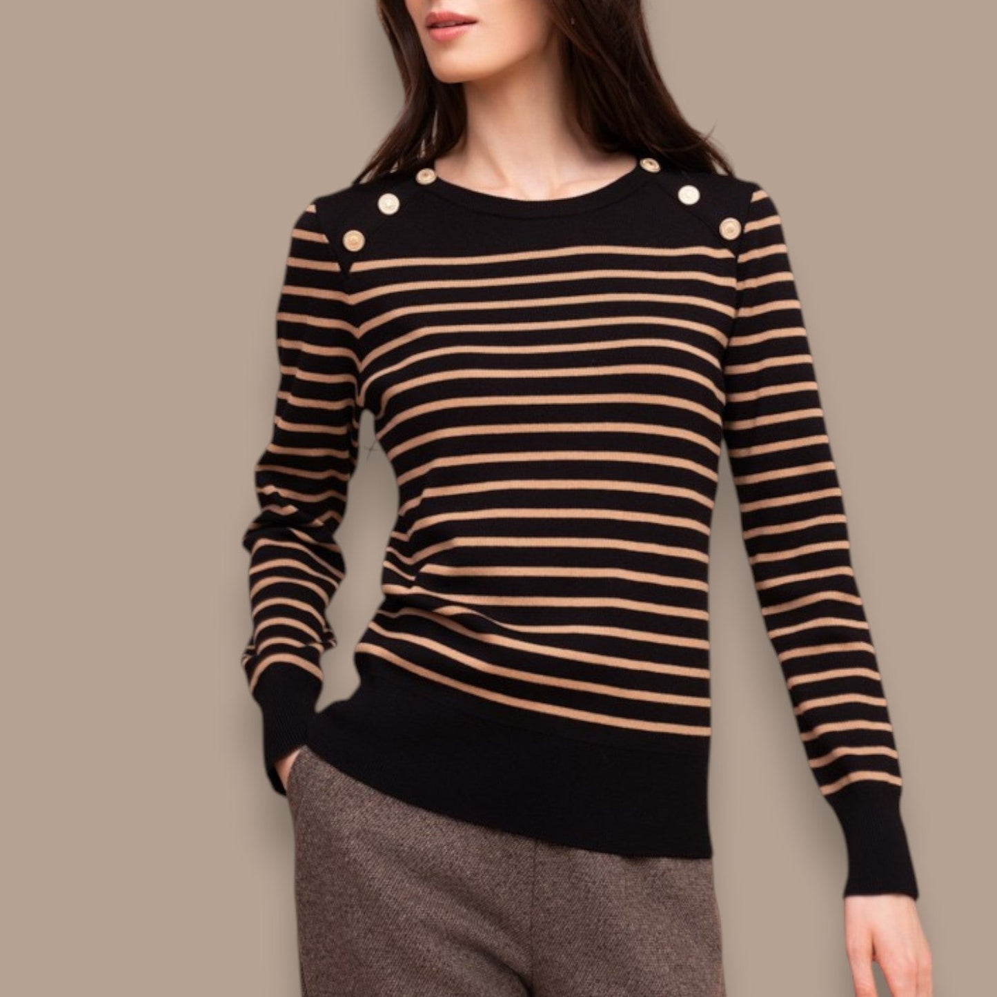 Alison Sheri - Striped Sweater With Gold Button Detail