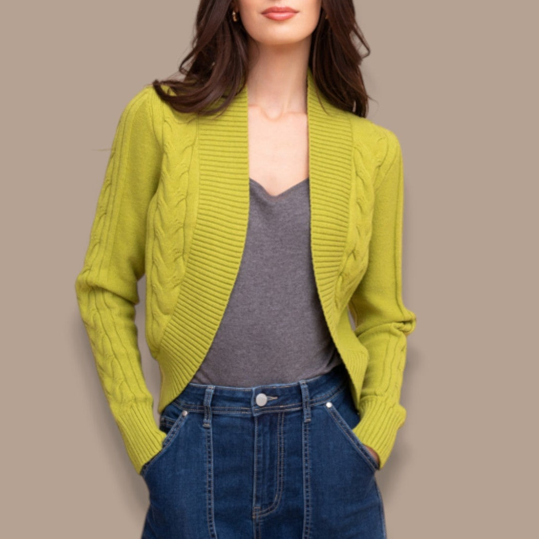Alison Sheri - Cable Knit Open Front Bolero Cardigan
