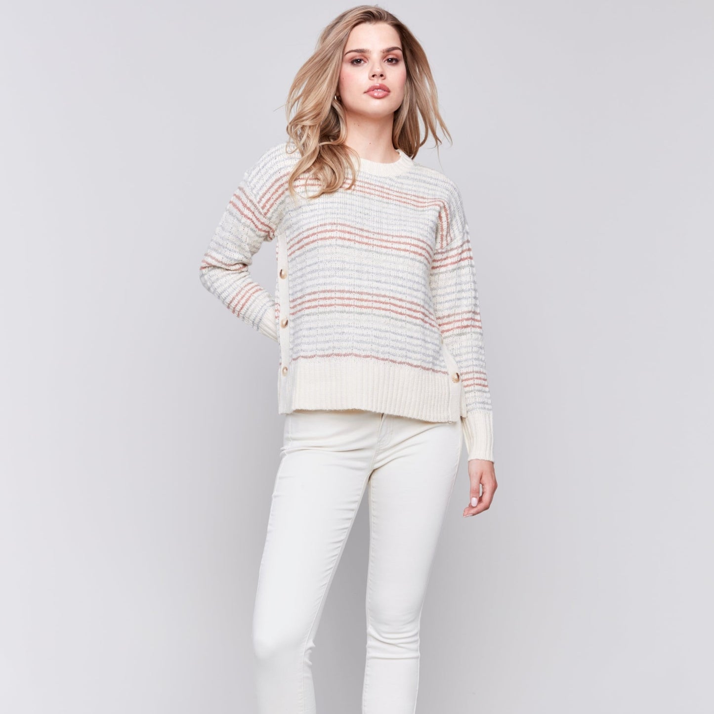 Charlie B - Striped Sweater With Side Button Detail