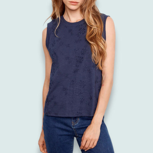 Charlie B - Floral Embroidered Sleeveless Cotton Top