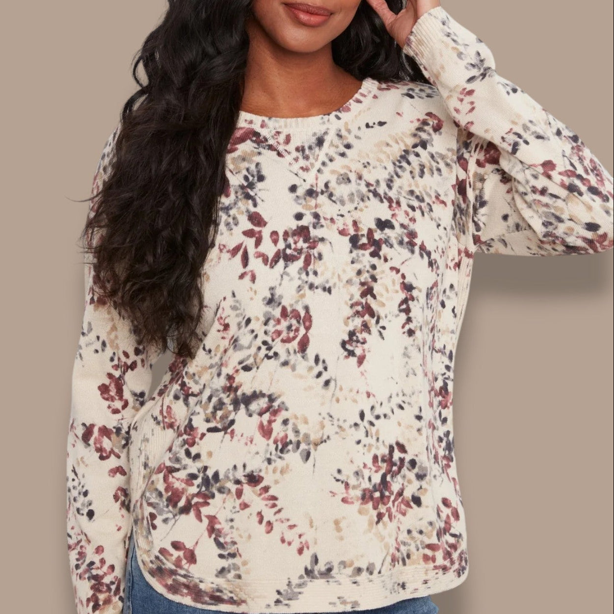 Charlie B - Printed Crew Neck Sweater With Curved Hem