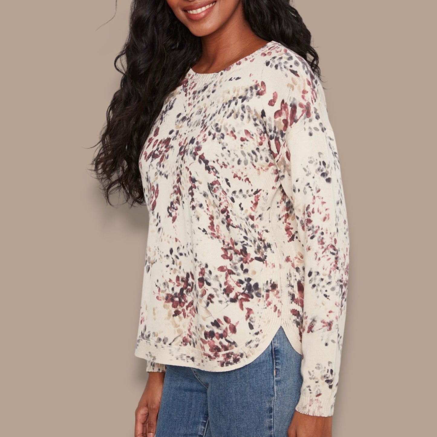 Charlie B - Printed Crew Neck Sweater With Curved Hem
