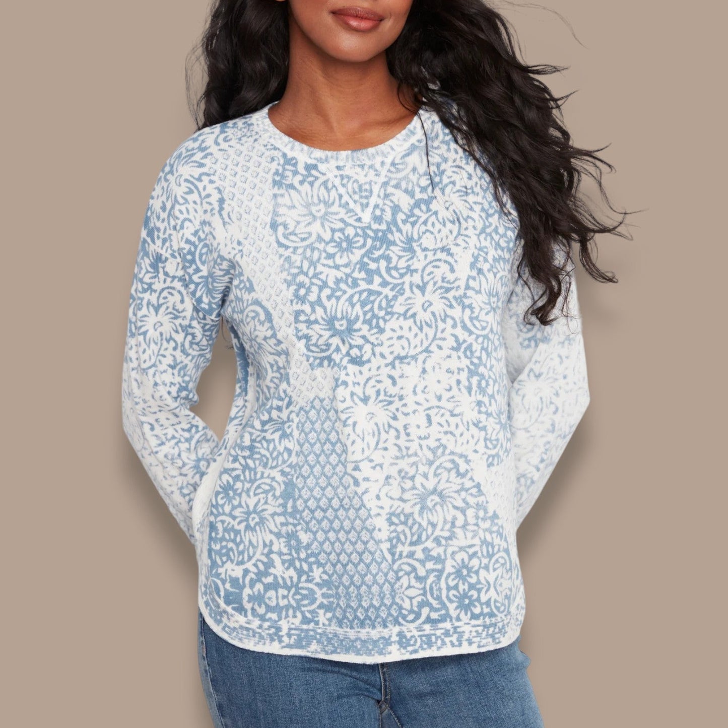 Charlie B - Printed Crew Neck Sweater With Curved Hem