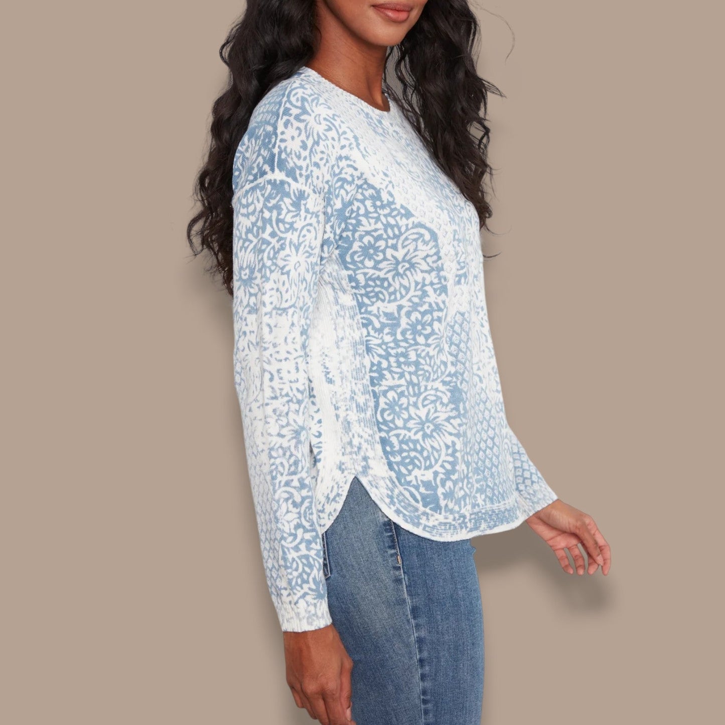 Charlie B - Printed Crew Neck Sweater With Curved Hem