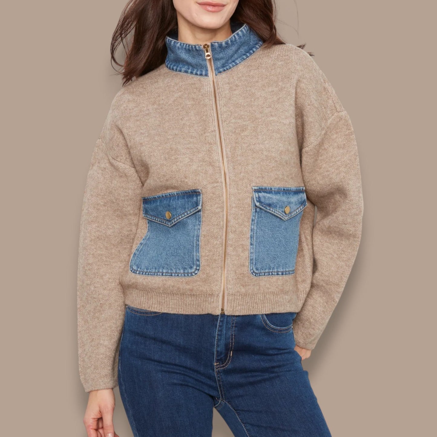 Charlie B - Denim Trim Zip-Up Sweater Jacket