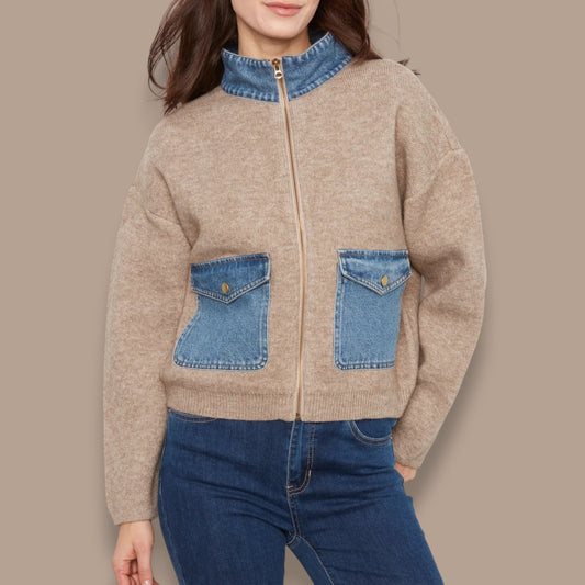 Charlie B - Denim Trim Zip-Up Sweater Jacket