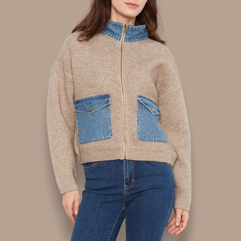 Charlie B - Denim Trim Zip-Up Sweater Jacket