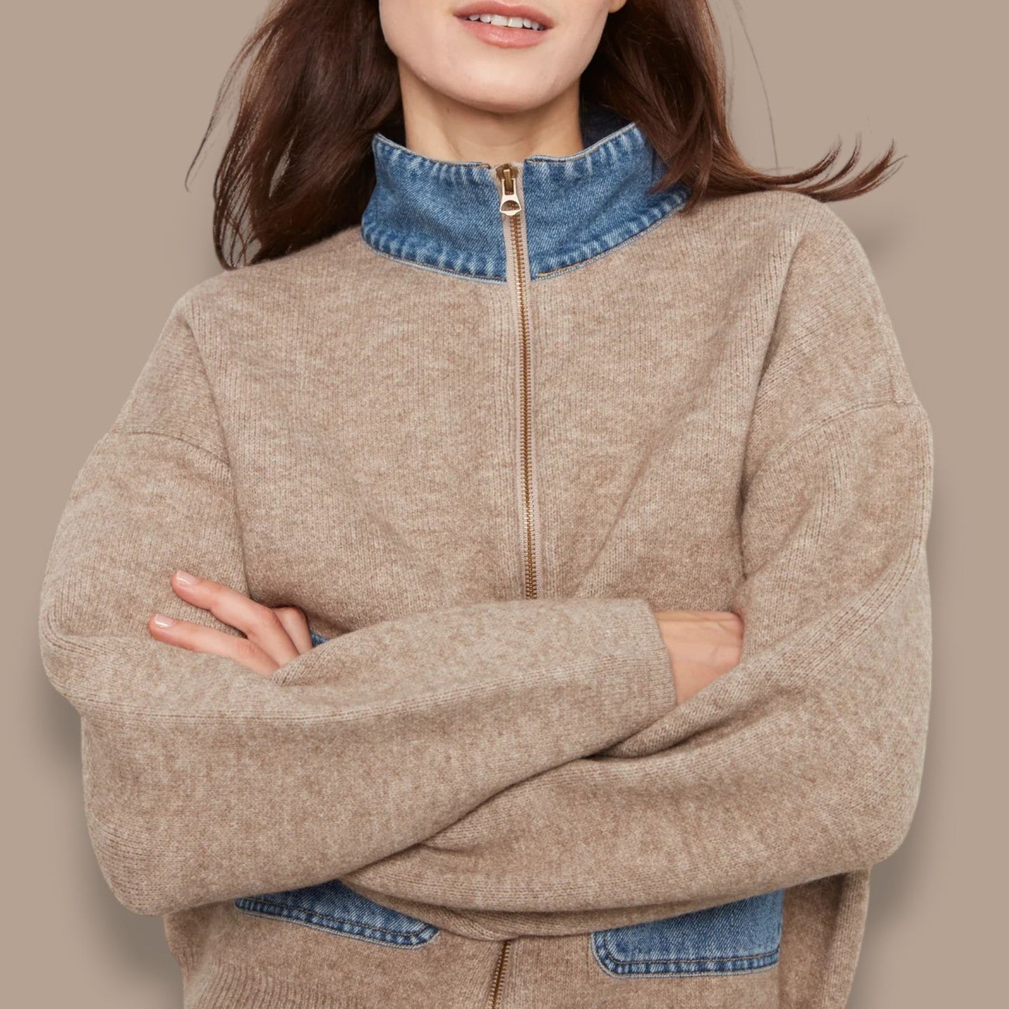 Charlie B - Denim Trim Zip-Up Sweater Jacket