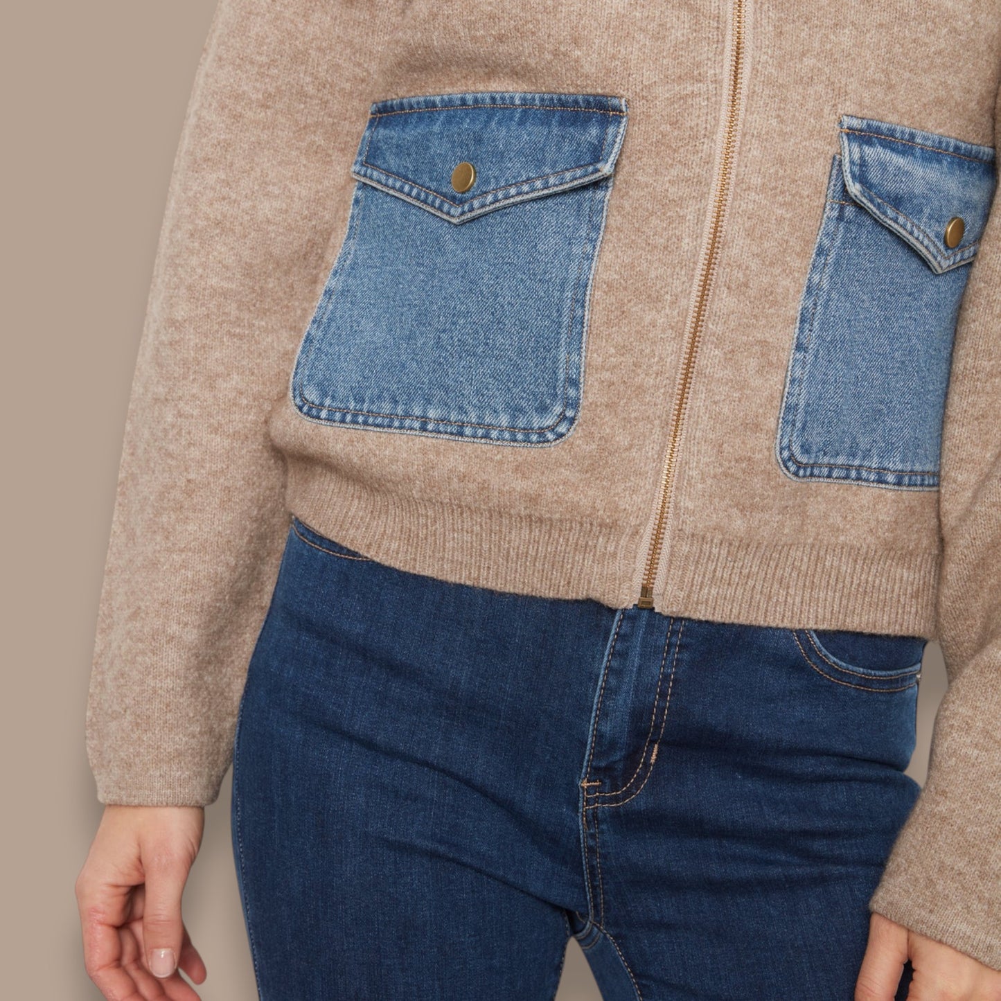 Charlie B - Denim Trim Zip-Up Sweater Jacket