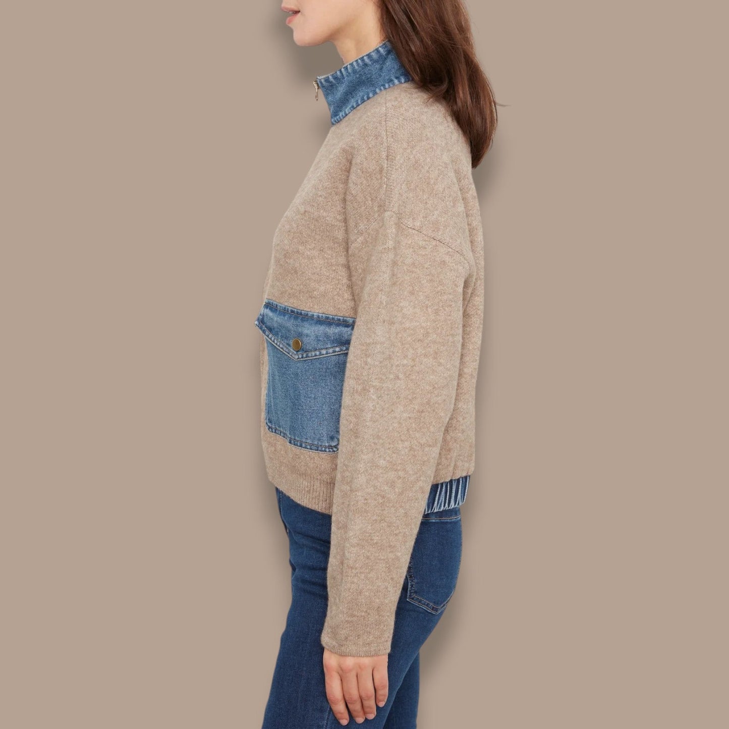 Charlie B - Denim Trim Zip-Up Sweater Jacket