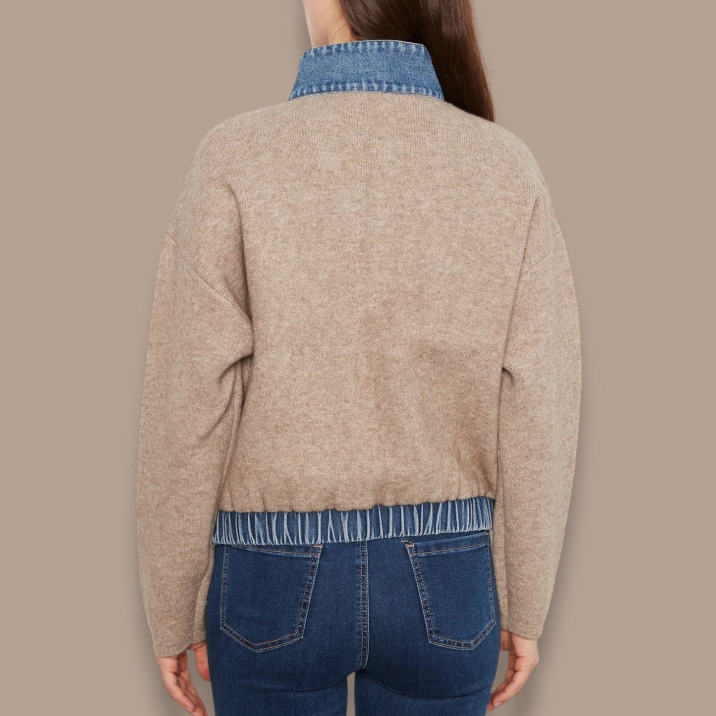 Charlie B - Denim Trim Zip-Up Sweater Jacket