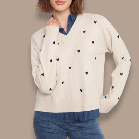 Charlie B - Heart Print Sweater With Faux Layered Denim Blouse