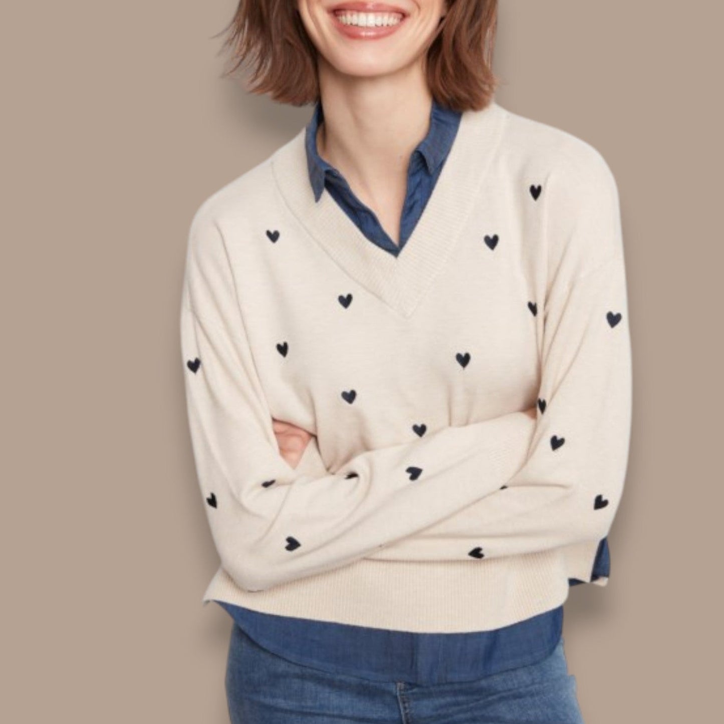 Charlie B - Heart Print Sweater With Faux Layered Denim Blouse