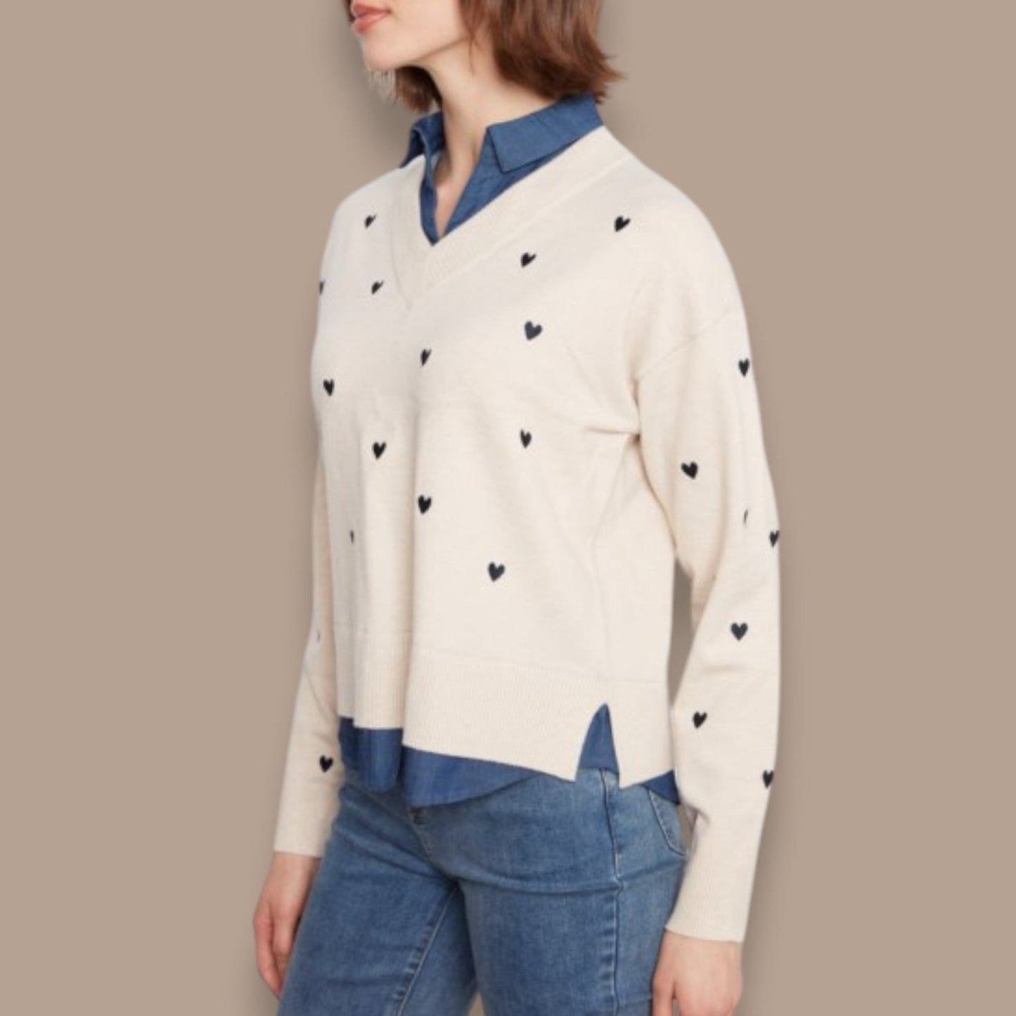 Charlie B - Heart Print Sweater With Faux Layered Denim Blouse