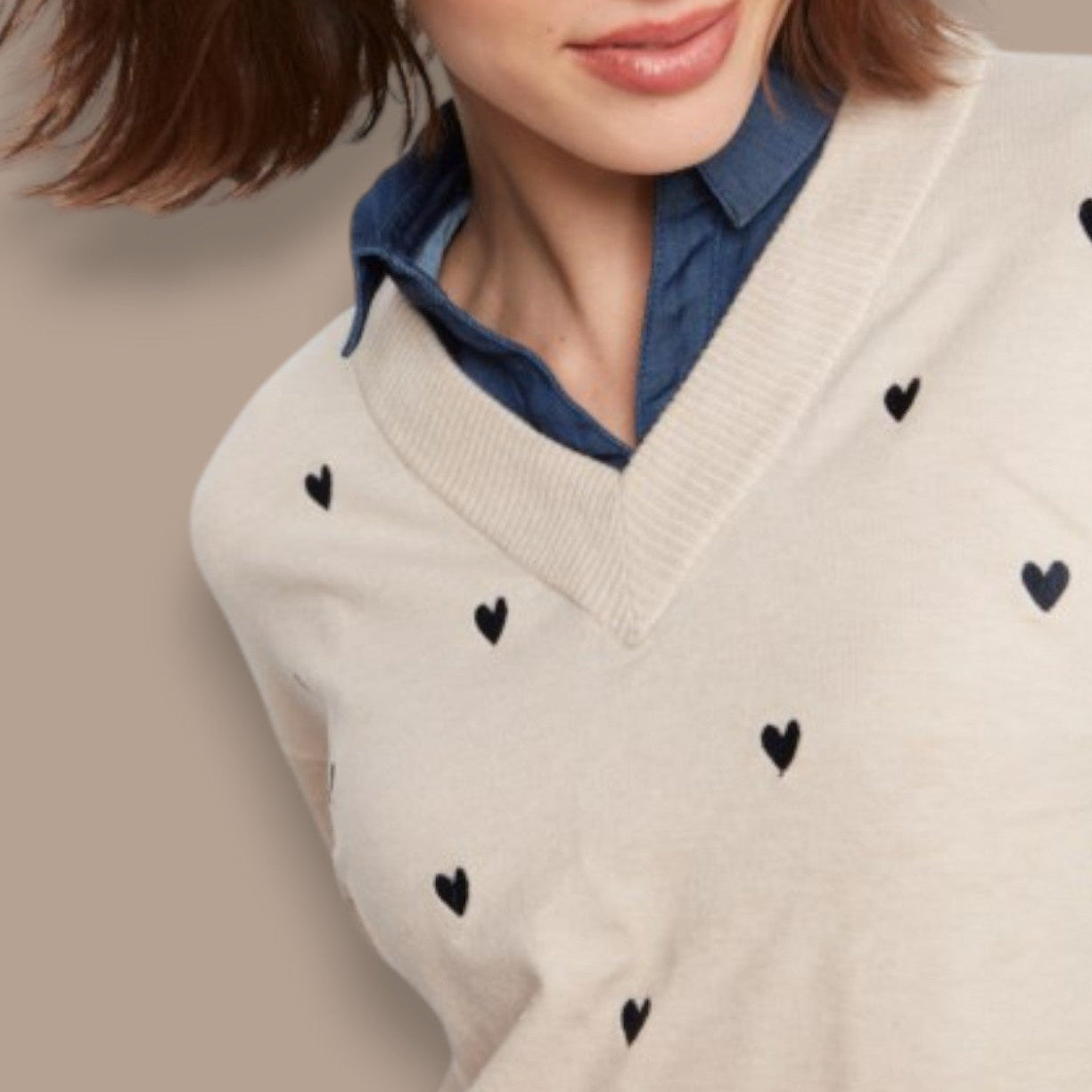 Charlie B - Heart Print Sweater With Faux Layered Denim Blouse