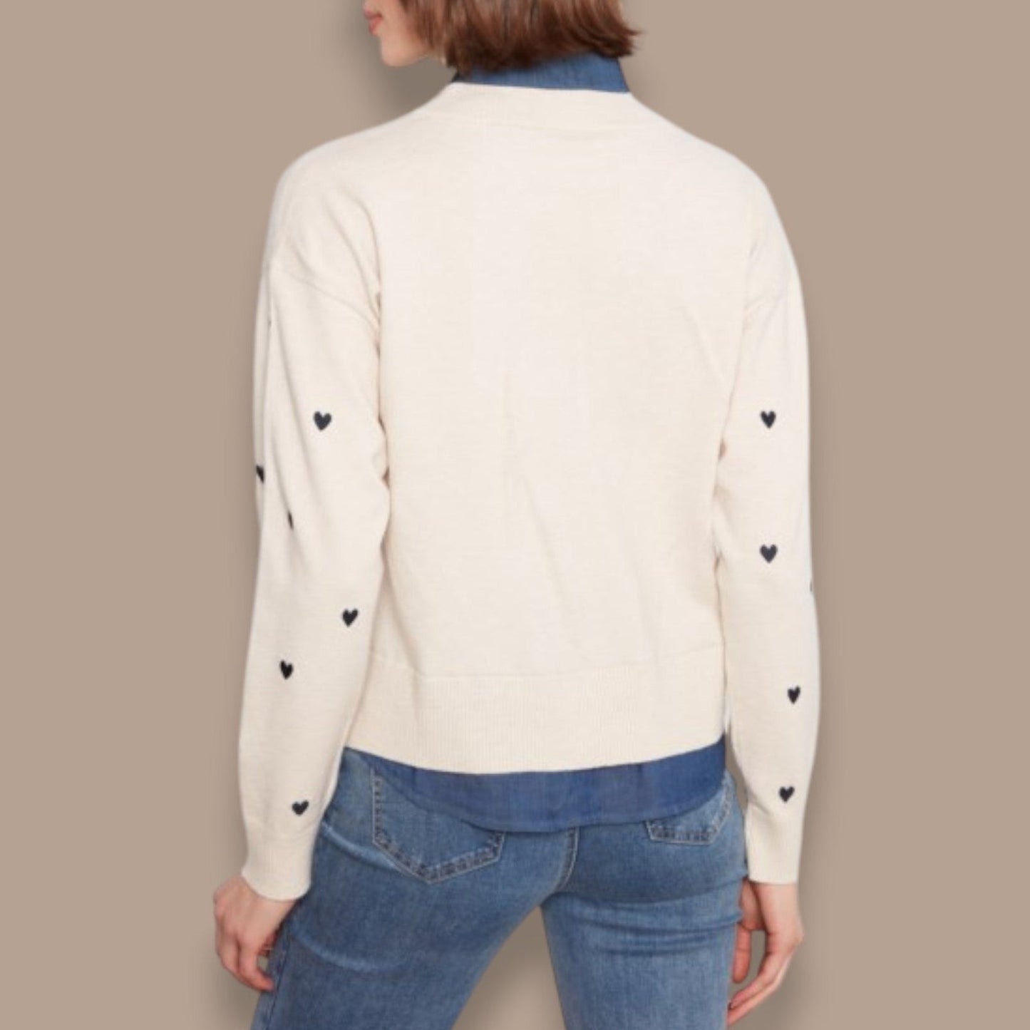 Charlie B - Heart Print Sweater With Faux Layered Denim Blouse