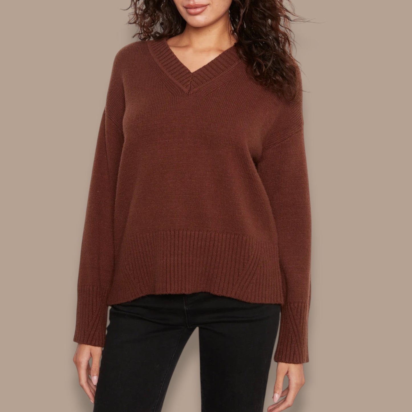 Charlie B - Relaxed V-Neck Rib Trim Sweater