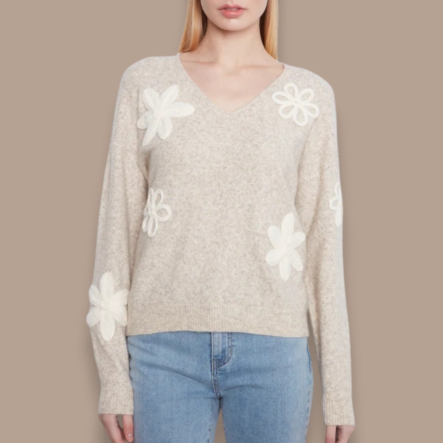 Charlie B - Floral Appliqué V-Neck Sweater