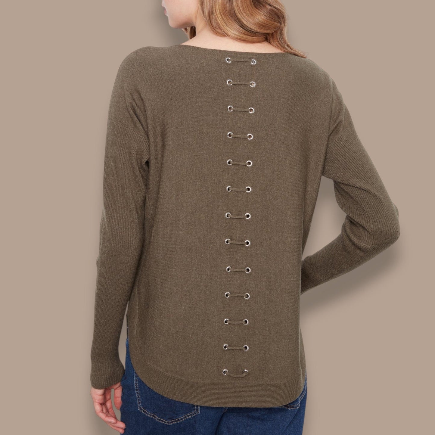 Charlie B - Boat Neck Knit Sweater with Back Grommet Detail