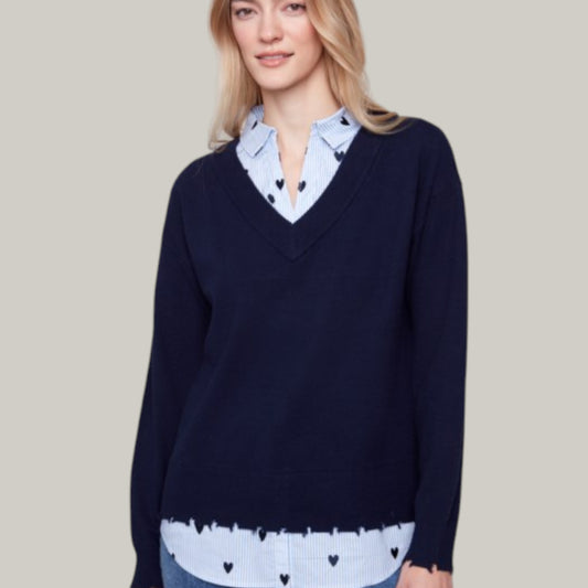 Charlie B - V-Neck Fooler Sweater With Embroidered Shirt Collar