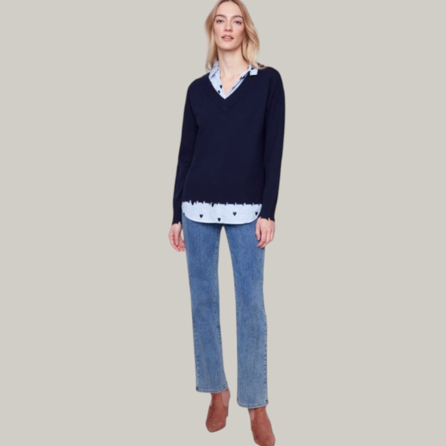 Charlie B - V-Neck Fooler Sweater With Embroidered Shirt Collar