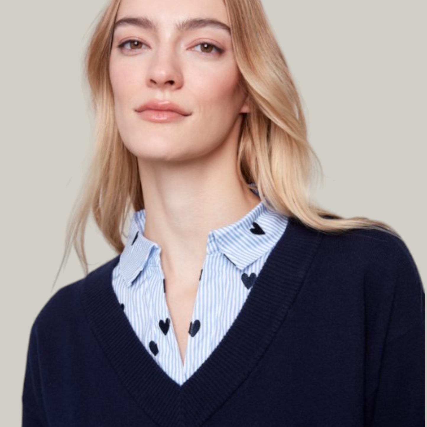 Charlie B - V-Neck Fooler Sweater With Embroidered Shirt Collar