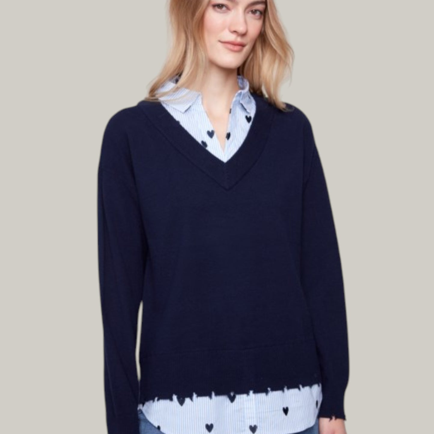 Charlie B - V-Neck Fooler Sweater With Embroidered Shirt Collar