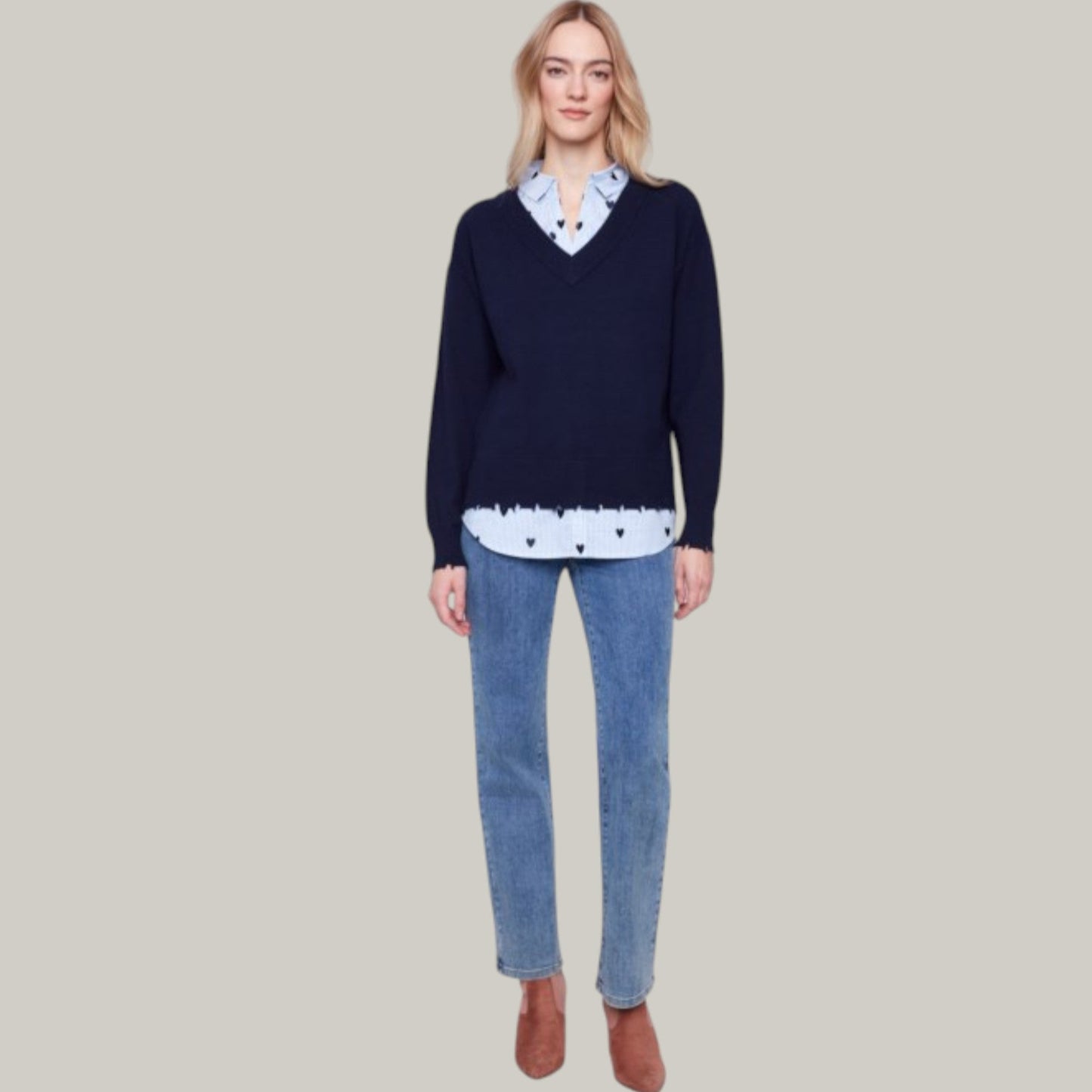 Charlie B - V-Neck Fooler Sweater With Embroidered Shirt Collar