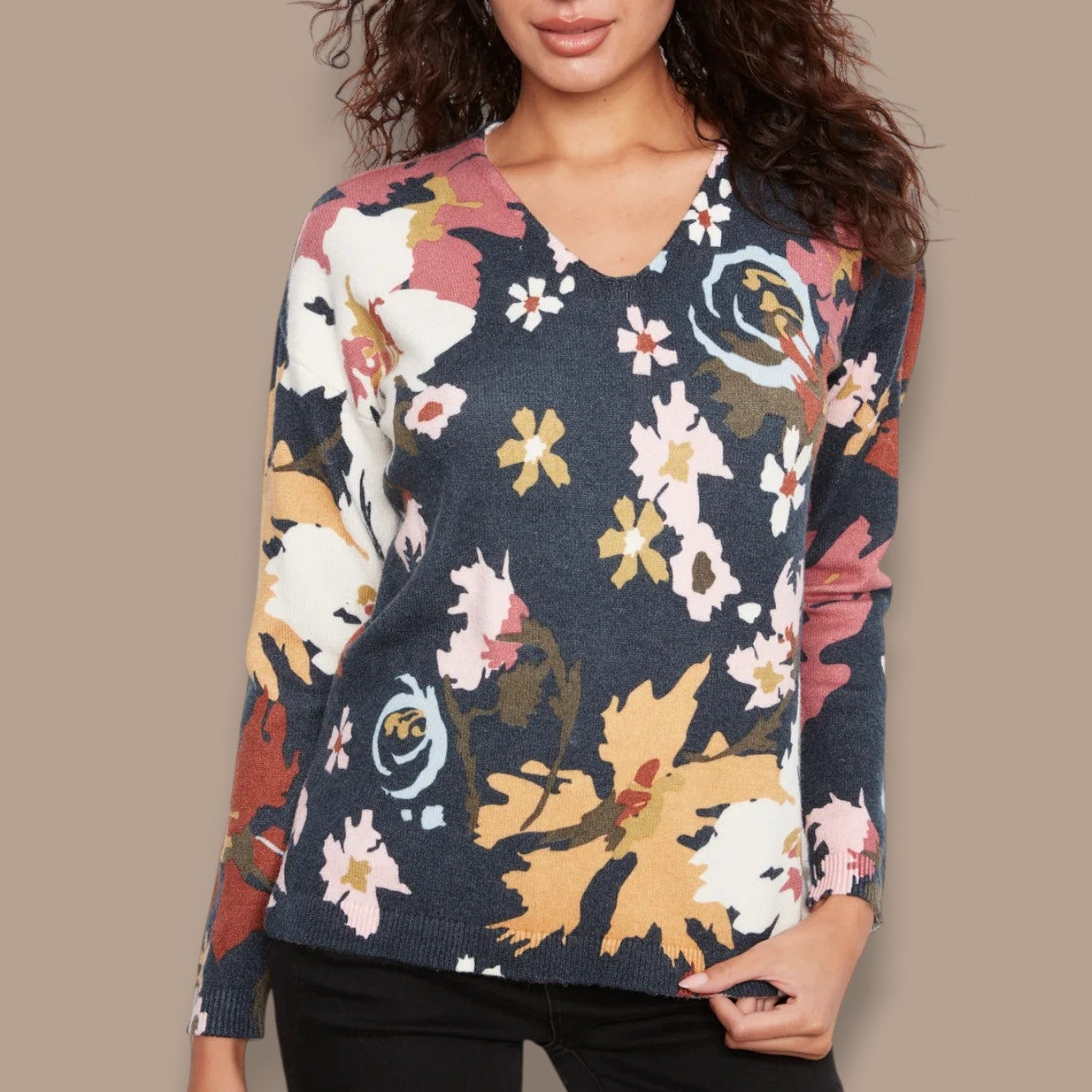 Charlie B - Floral Print V-Neck Sweater