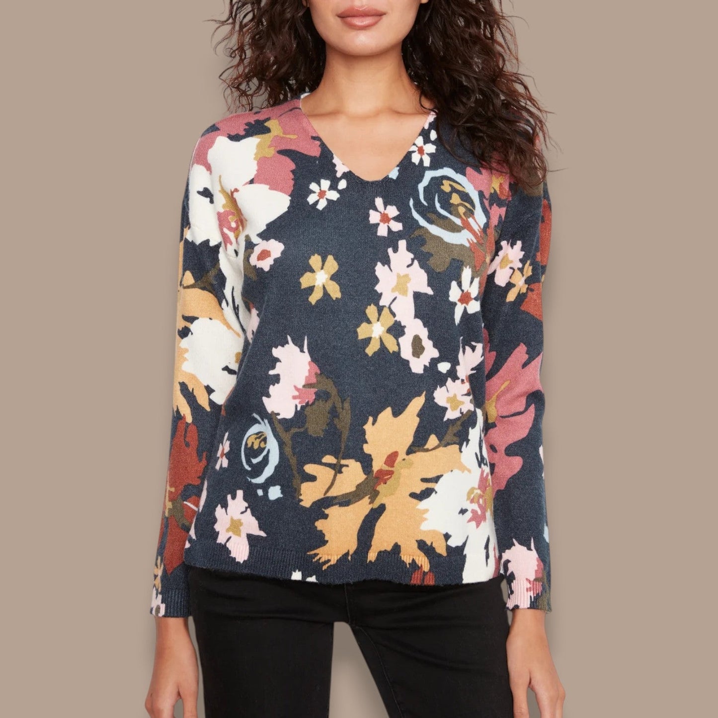 Charlie B - Floral Print V-Neck Sweater