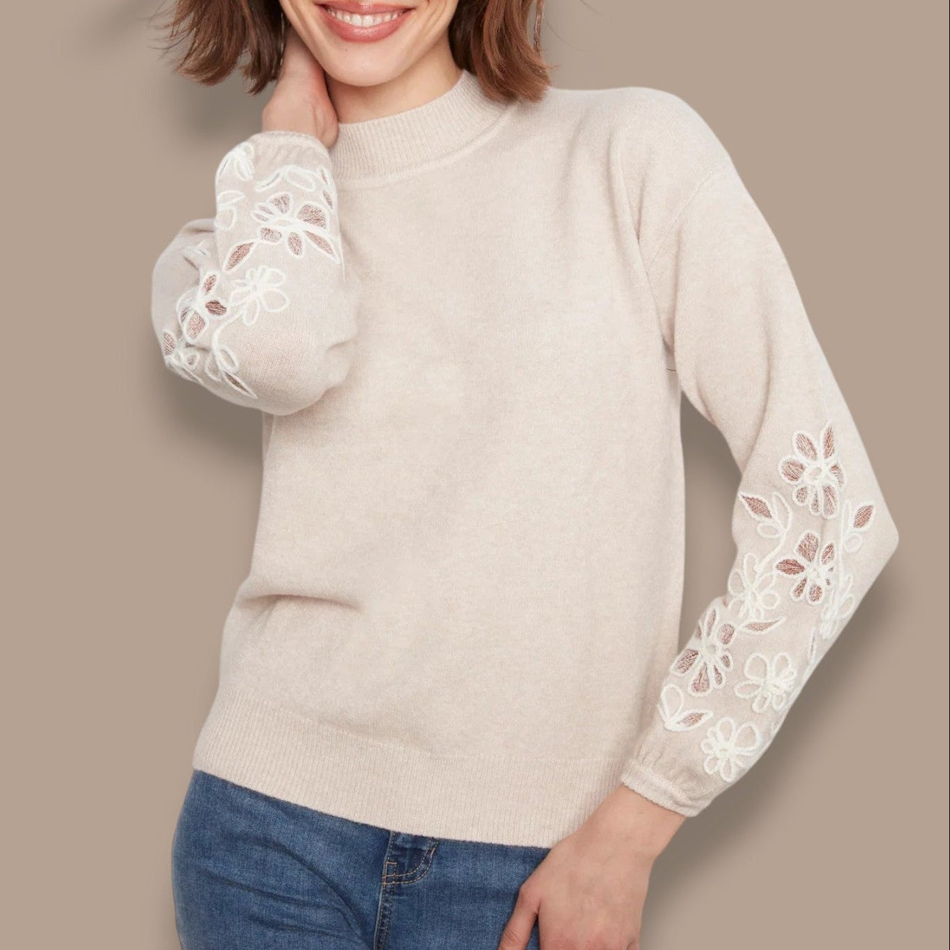 Charlie B - Mock Neck Sweater With Floral Embroidery
