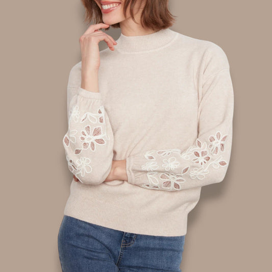 Charlie B - Mock Neck Sweater With Floral Embroidery