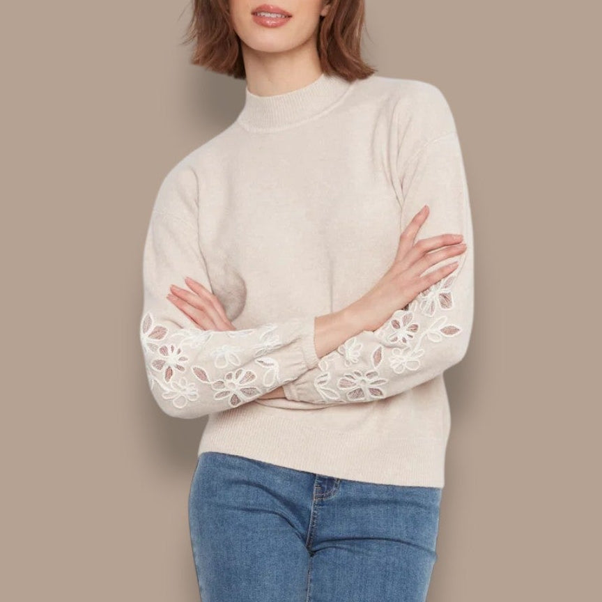Charlie B - Mock Neck Sweater With Floral Embroidery