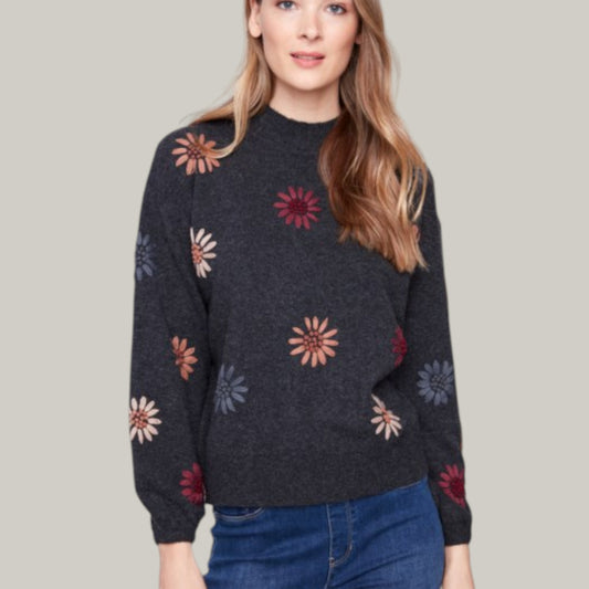 Charlie B - Mock Neck Sweater With Floral Embroidery