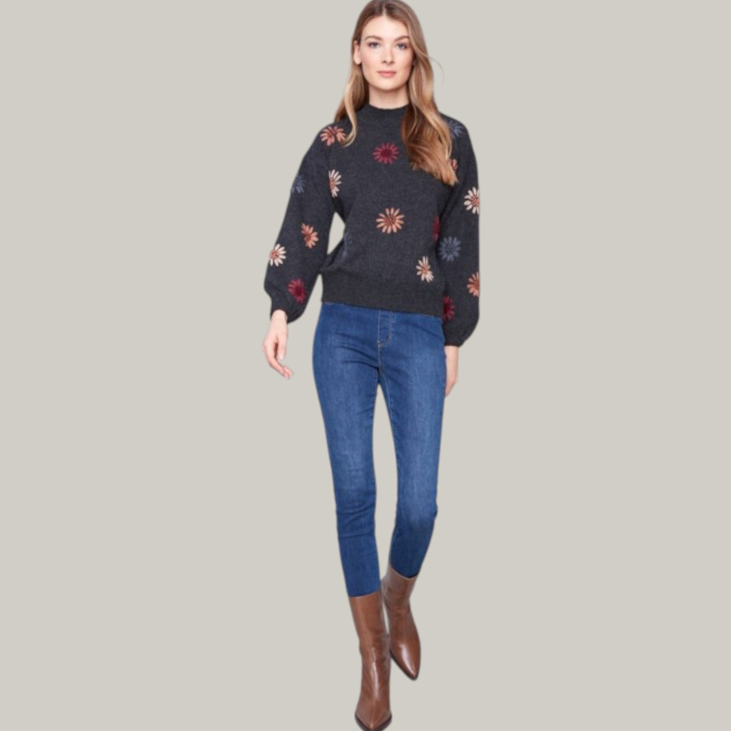 Charlie B - Mock Neck Sweater With Floral Embroidery