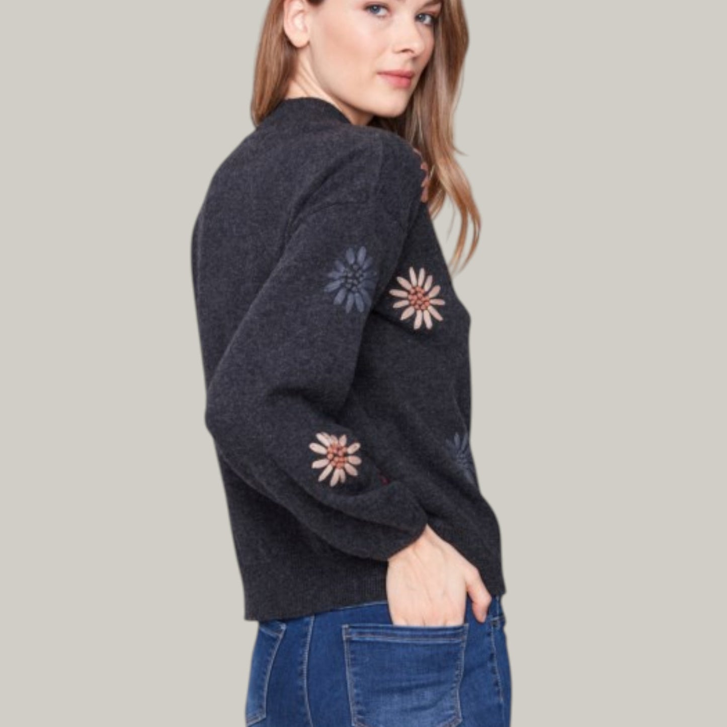 Charlie B - Mock Neck Sweater With Floral Embroidery