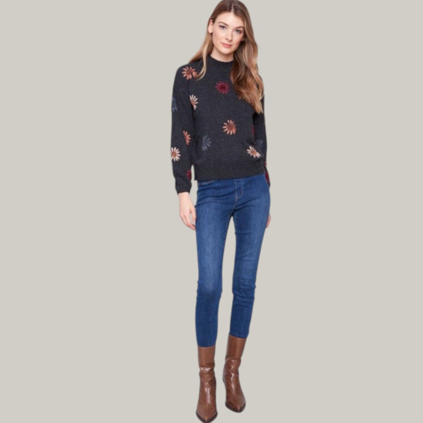 Charlie B - Mock Neck Sweater With Floral Embroidery