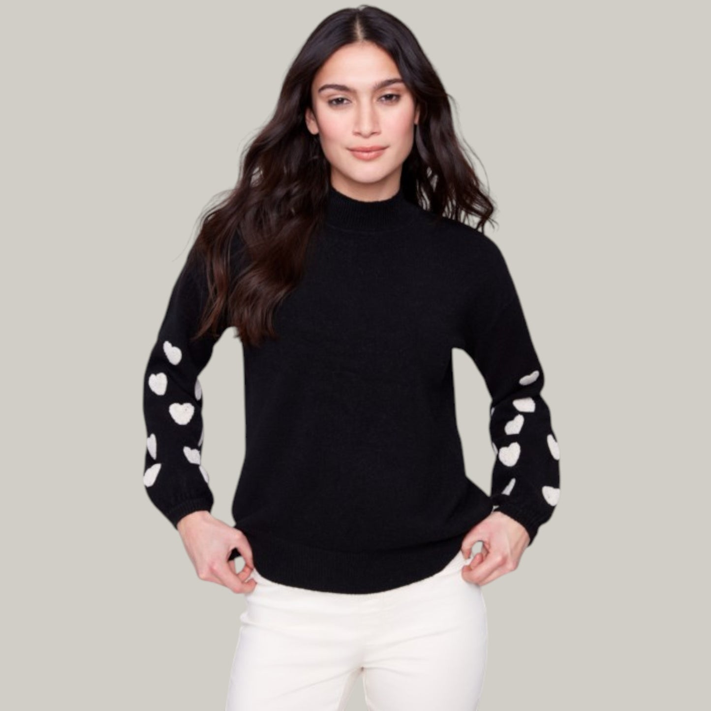 Charlie B - Mock Neck Sweater With Embroidered Hearts