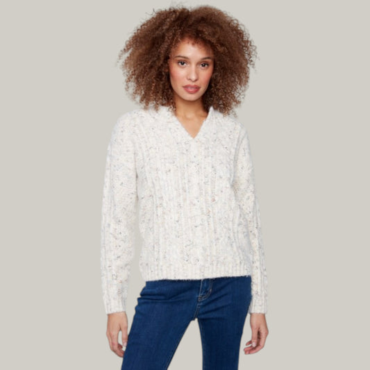 Charlie B - Notched Neck Cable Knit Sweater