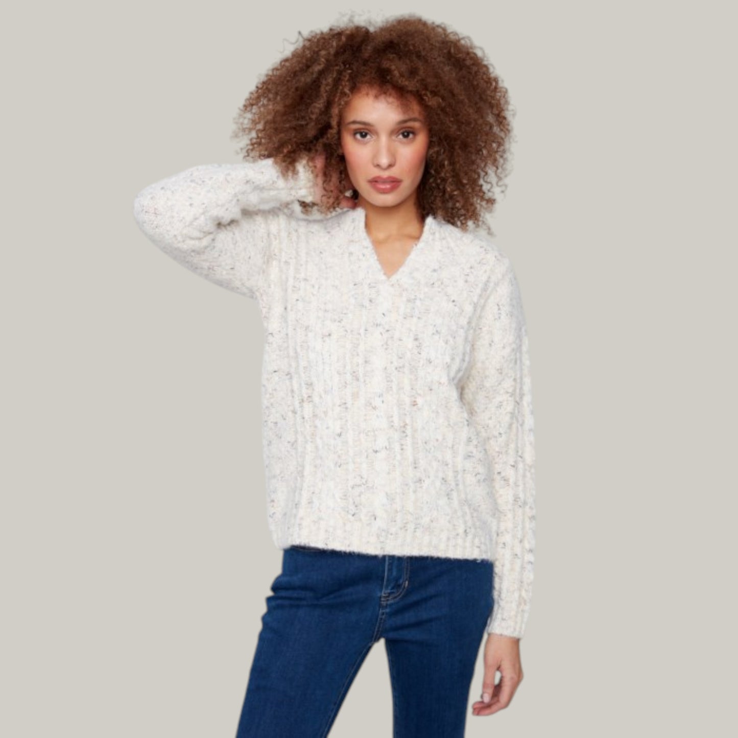 Charlie B - Notched Neck Cable Knit Sweater