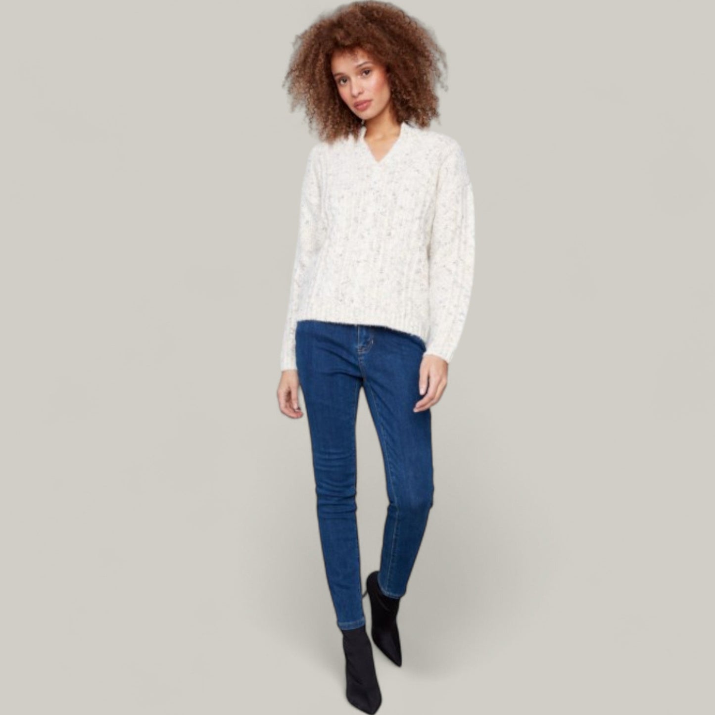 Charlie B - Notched Neck Cable Knit Sweater