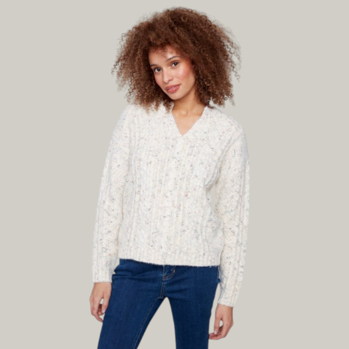 Charlie B - Notched Neck Cable Knit Sweater