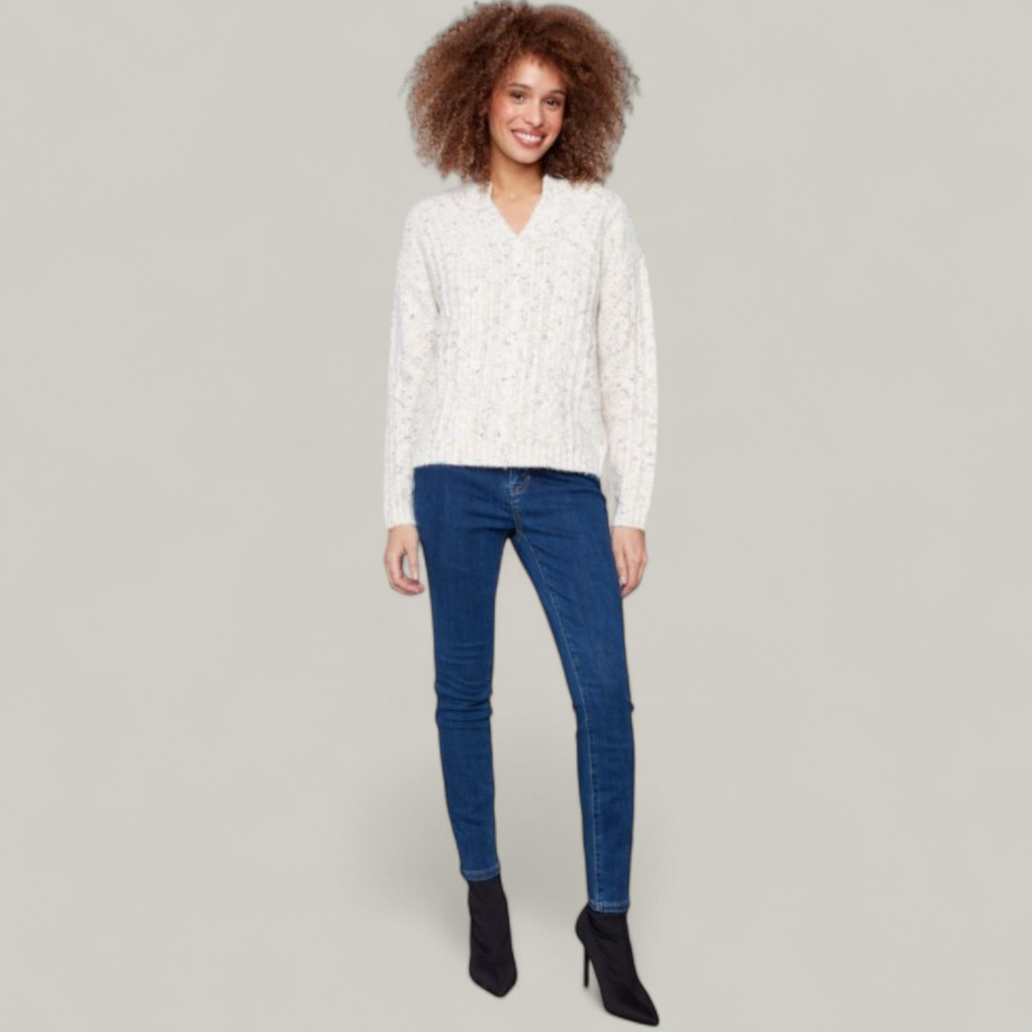Charlie B - Notched Neck Cable Knit Sweater