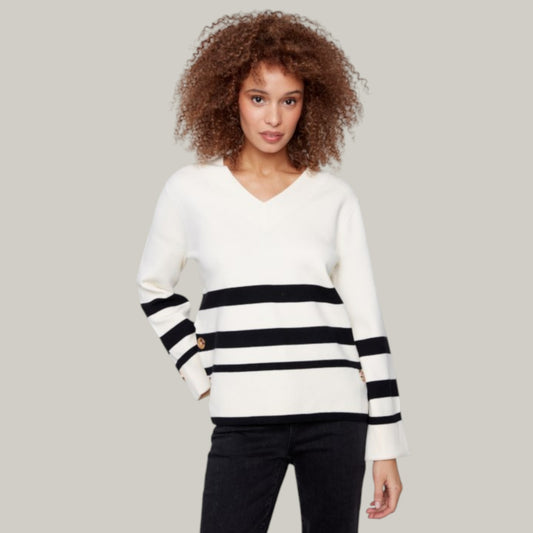 Charlie B - Stripe Wide Cuff V-Neck Sweater