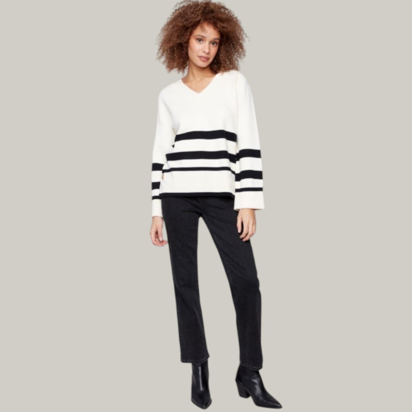 Charlie B - Stripe Wide Cuff V-Neck Sweater