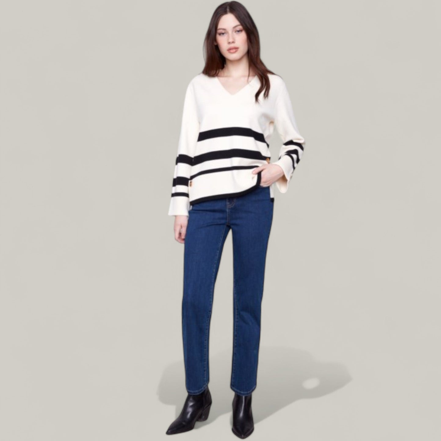 Charlie B - Stripe Wide Cuff V-Neck Sweater