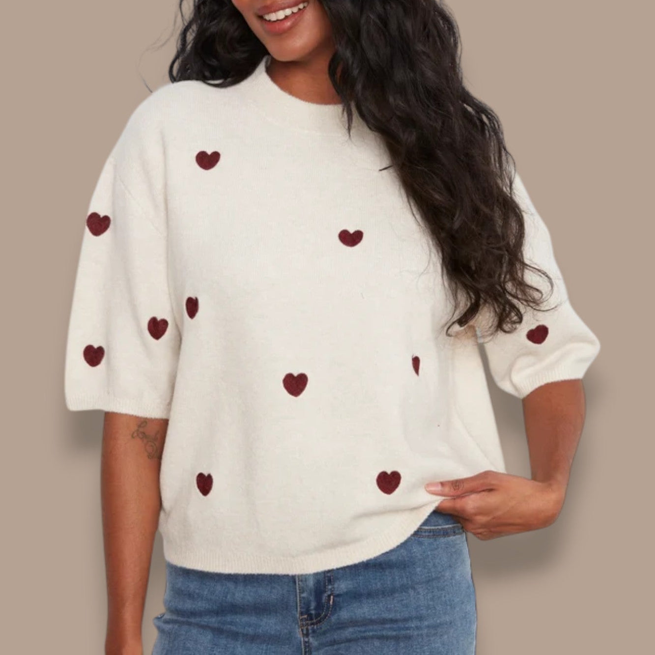 Charlie B - Heart Embroidered Balloon Sleeve Sweater