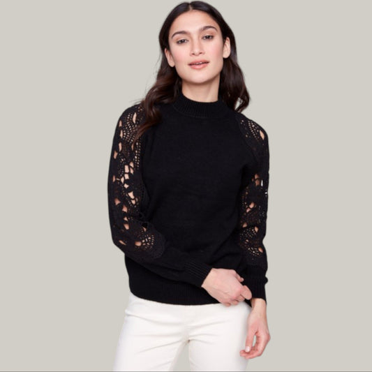 Charlie B - Mock Neck Sweater With Crochet Sleeves