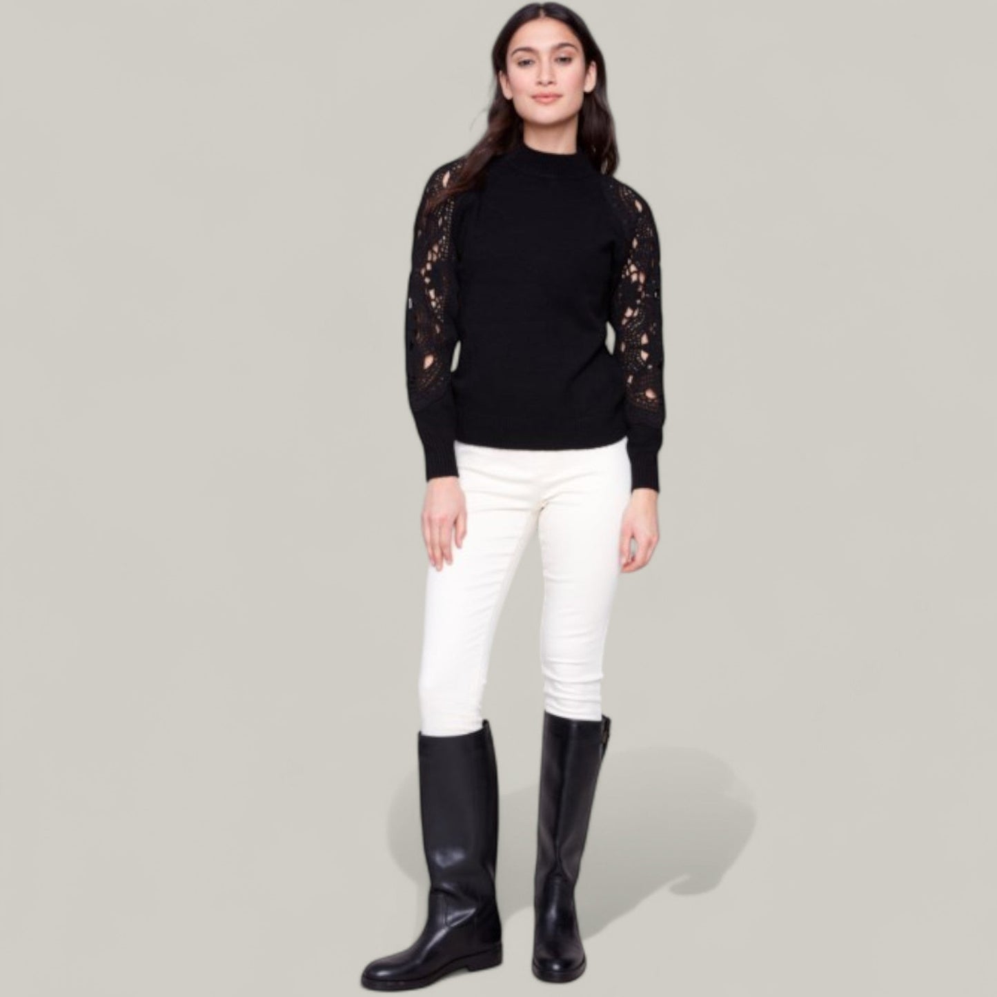 Charlie B - Mock Neck Sweater With Crochet Sleeves
